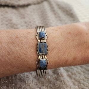 Silver 925 Cuff Bracelet with Blue Stones  signed JJ Sterling